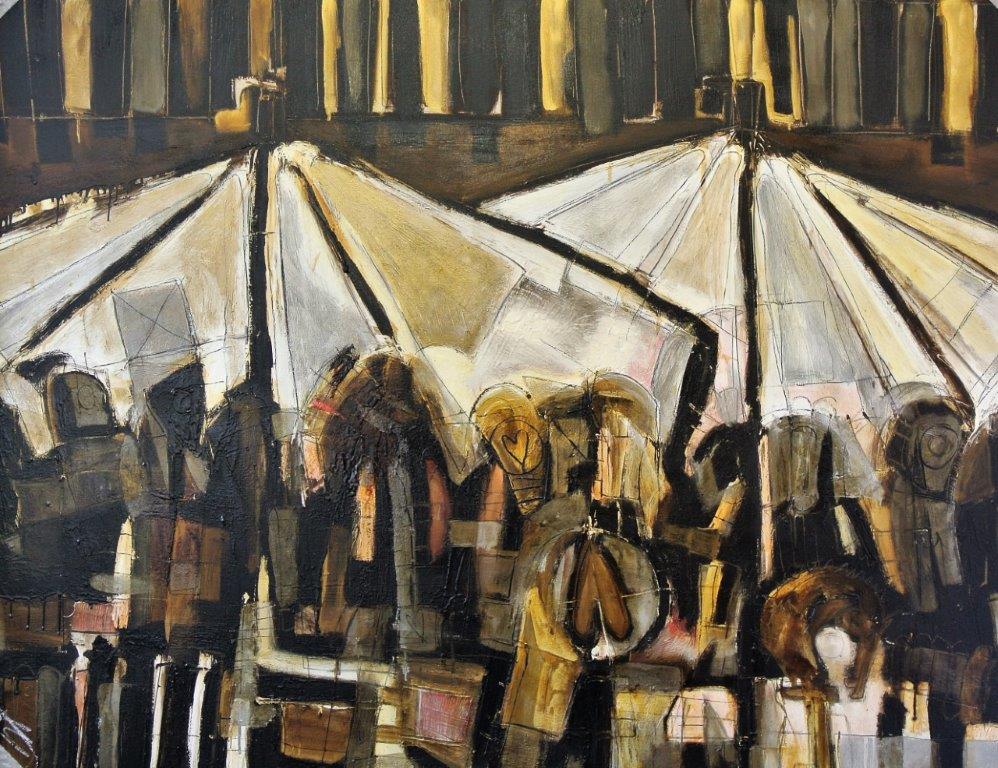 O.p 2 libro piazza vecchia con figure pensanti e cuori solitari 120x150