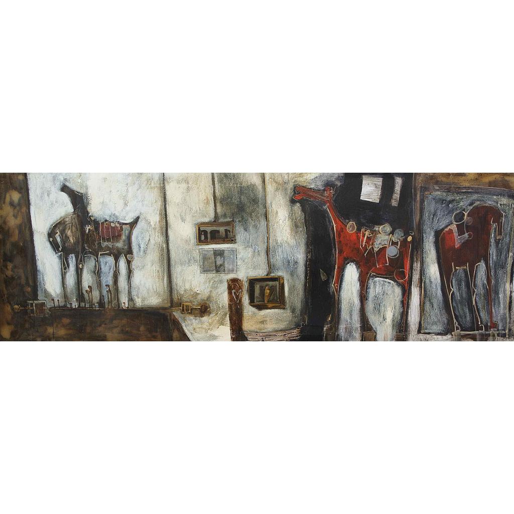 Cavalli pensanti su ripiani di giochi antichi 80x240