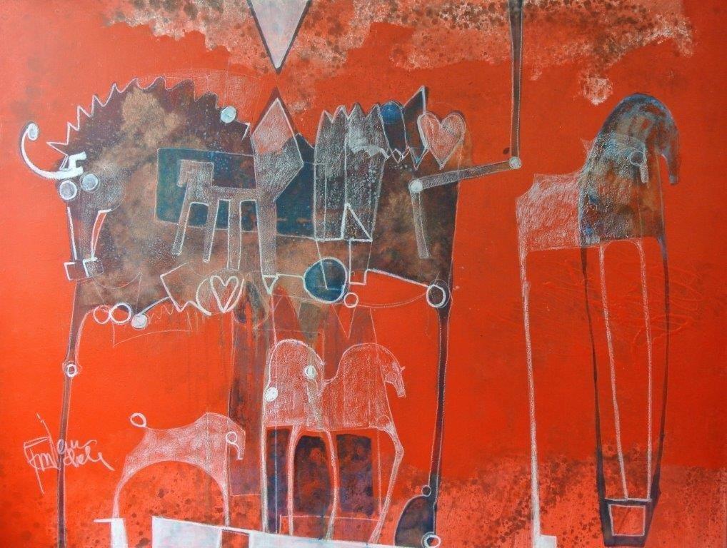 Cavalli in movimento su ripiani trasparenti. 130x170