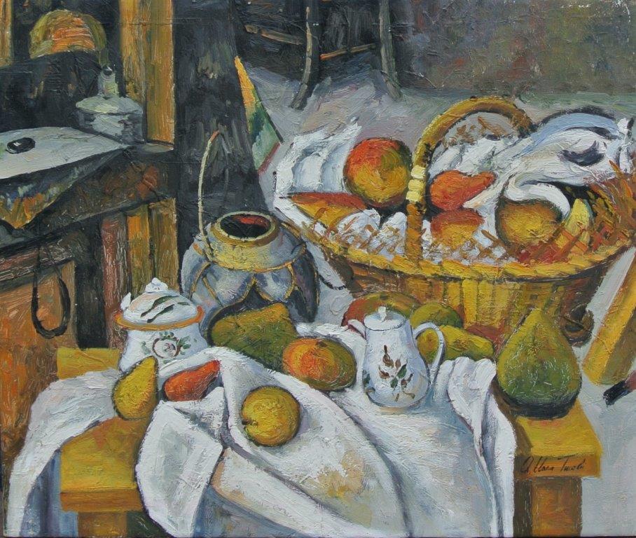 Interno con tovaglia bianca e frutta 50x60