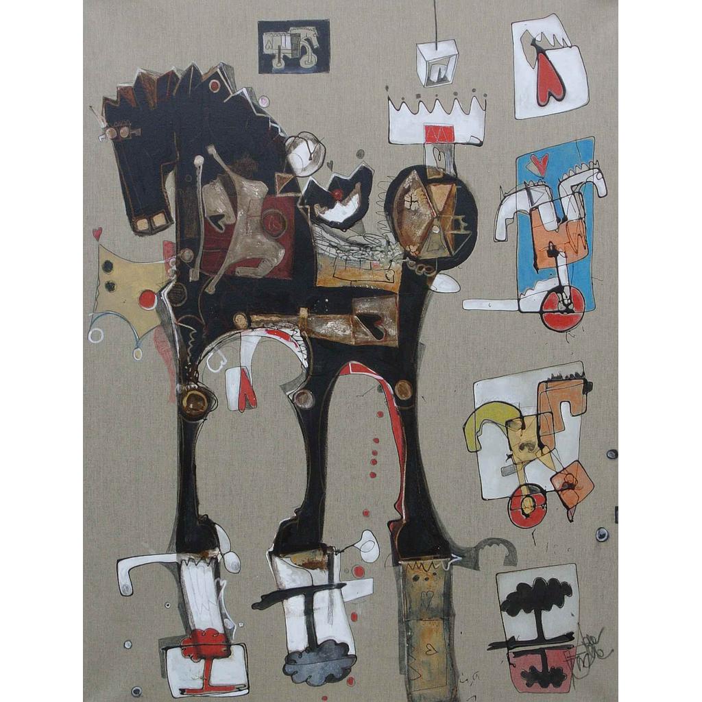 Cavallo pensante su finestre di pensieri 130x170