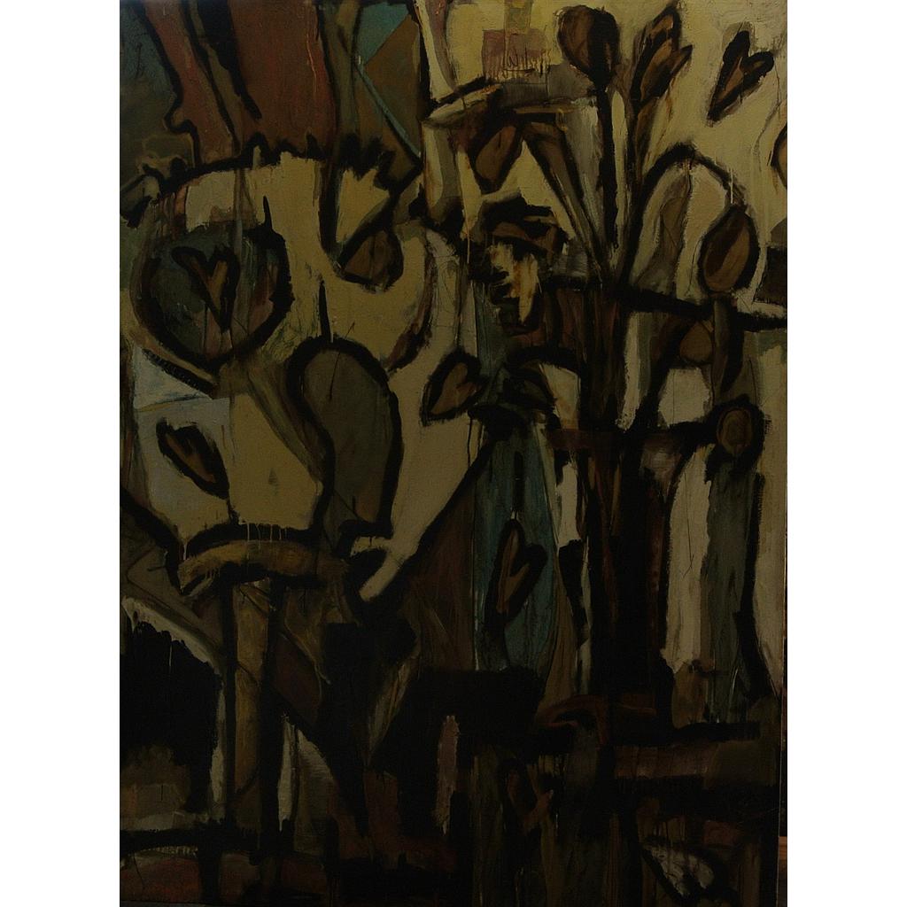 Cavallo su piedistalli e tulipani 150x200