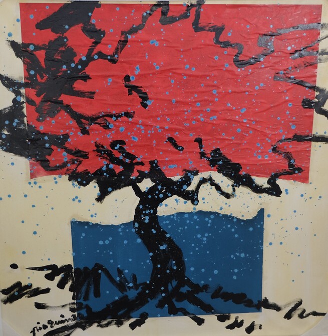 Albero ,pioggia e collage 130x130